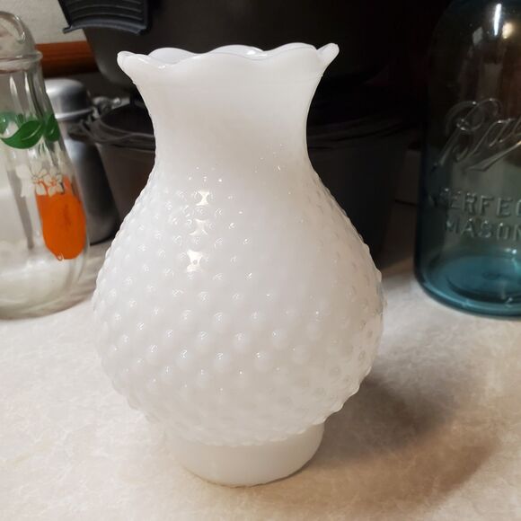 Vintage Milk Glass Hobnail Hurricane Light Globe Scalloped Edge - Picture 3 of 9
